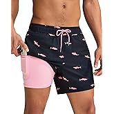 maamgic Mens Swim Trunks with Compression Liner 5 Inch, Quick Dry Bathing Suit with Zipper Pockets, No-Chafing Swim Shorts