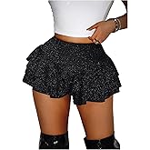 SHENHE Women's Sexy Sparkle Layered Ruffle Flowy Glitter Y2k Micro Shorts Rave Clubwear