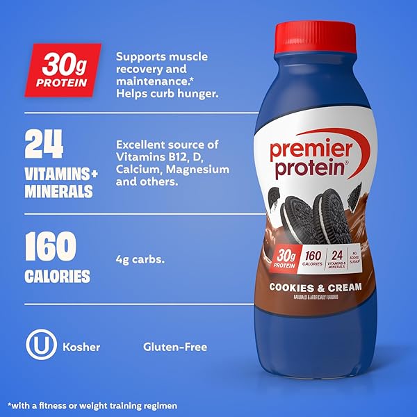 PREMIER PROTEIN SHAKE, COOKIES & CREAM, 30G PROTEIN, NO ADDED SUGAR, 24 VITAMINS & MINERALS TO SUPPORT IMMUNE HEALTH, 11.5 FL OZ, 12 PACK