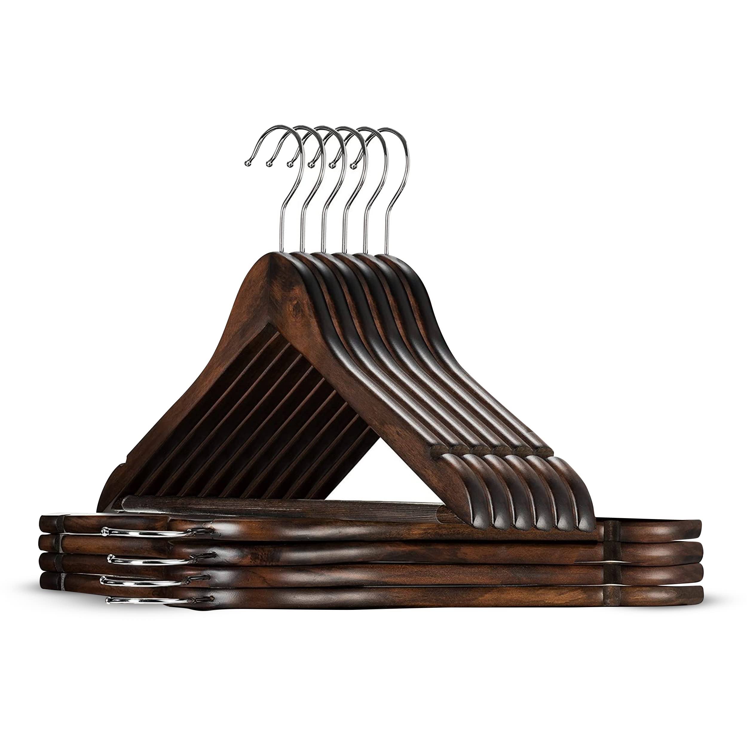 ZOBER High-Grade Wooden Suit Hangers with Non Slip Pants Bar Smooth Finish Solid Wood Coat 360° Swivel Hook Precisely Cut Notches for Camisole, Jacket, Pants - 10 Pack, Vintage