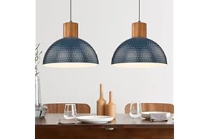 ELYONA Modern Pendant Light Fixtures with 12" Hammered Metal Shade Solid Wood Dome Hanging Pendant Light for Farmhouse Kitchen Island Dining Room Sink Bedroom Hallway Medium 2 Pack Blue