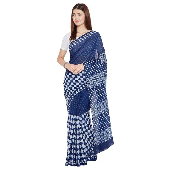 Finest Quality Cotton - Handmade Indigo Double Dabu print - Block Print Saree with Blouse Piece BAPASA0075