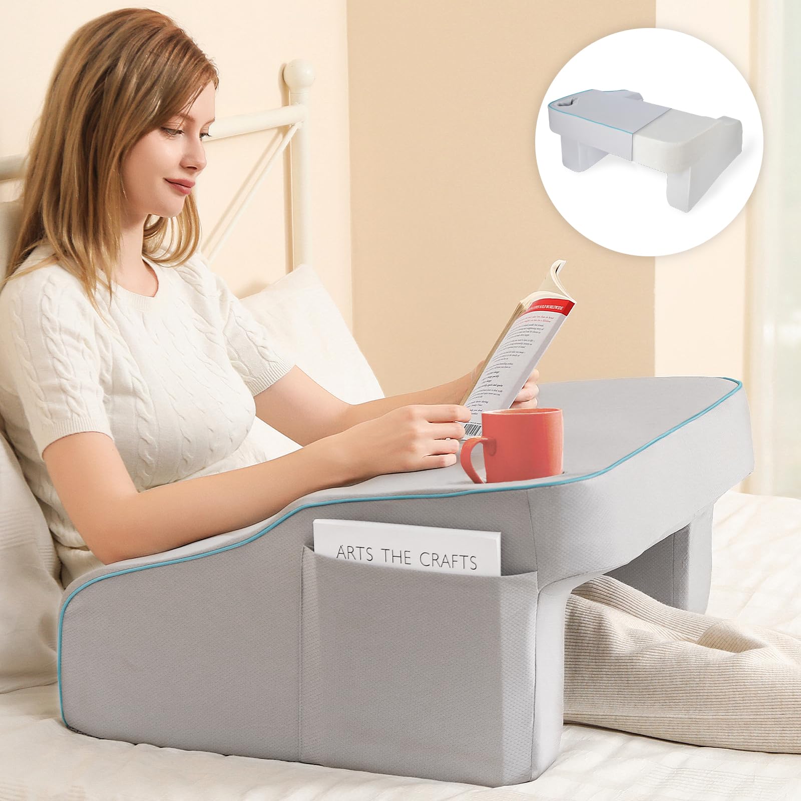 Photo 1 of Reading Pillow for Bed and Sofa, Ergonomic Lap Desk for Arm Rest, Washable Cover Foam Laptop with Cup Holder for Reading, Working, Rest for Neck Shoulder Discomfort