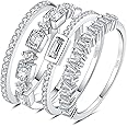 JewelryPalace Princess Emerald Cut CZ Stackable Wedding Ring Eternity Bands for Women, Cubic Zirconia 925 Sterling Silver 14k Yellow Rose Gold Plated Promise Ring for Her, 4pc Anniversary Ring Sets