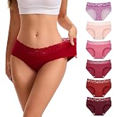 INNERSY Women's Cotton Underwear Hipster Cheeky Lace Panties 6-Pack | Full Coverage, Low Rise Underpants, Cotton Crotch