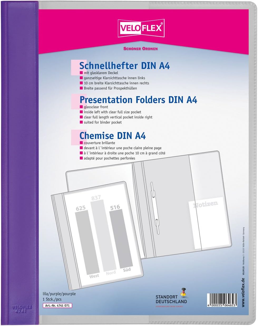 VELOFLEX Veloform 4741071 File Folder, Pack of 1, DIN A4, Purple, PVC, Crystal Clear Front Cover, Suitable for Document Wallets
