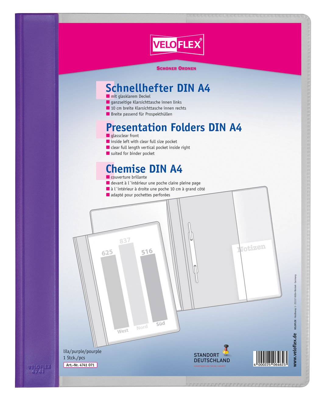 VELOFLEX Veloform 4741071 File Folder, Pack of 1, DIN A4, Purple, PVC, Crystal Clear Front Cover, Suitable for Document Wallets