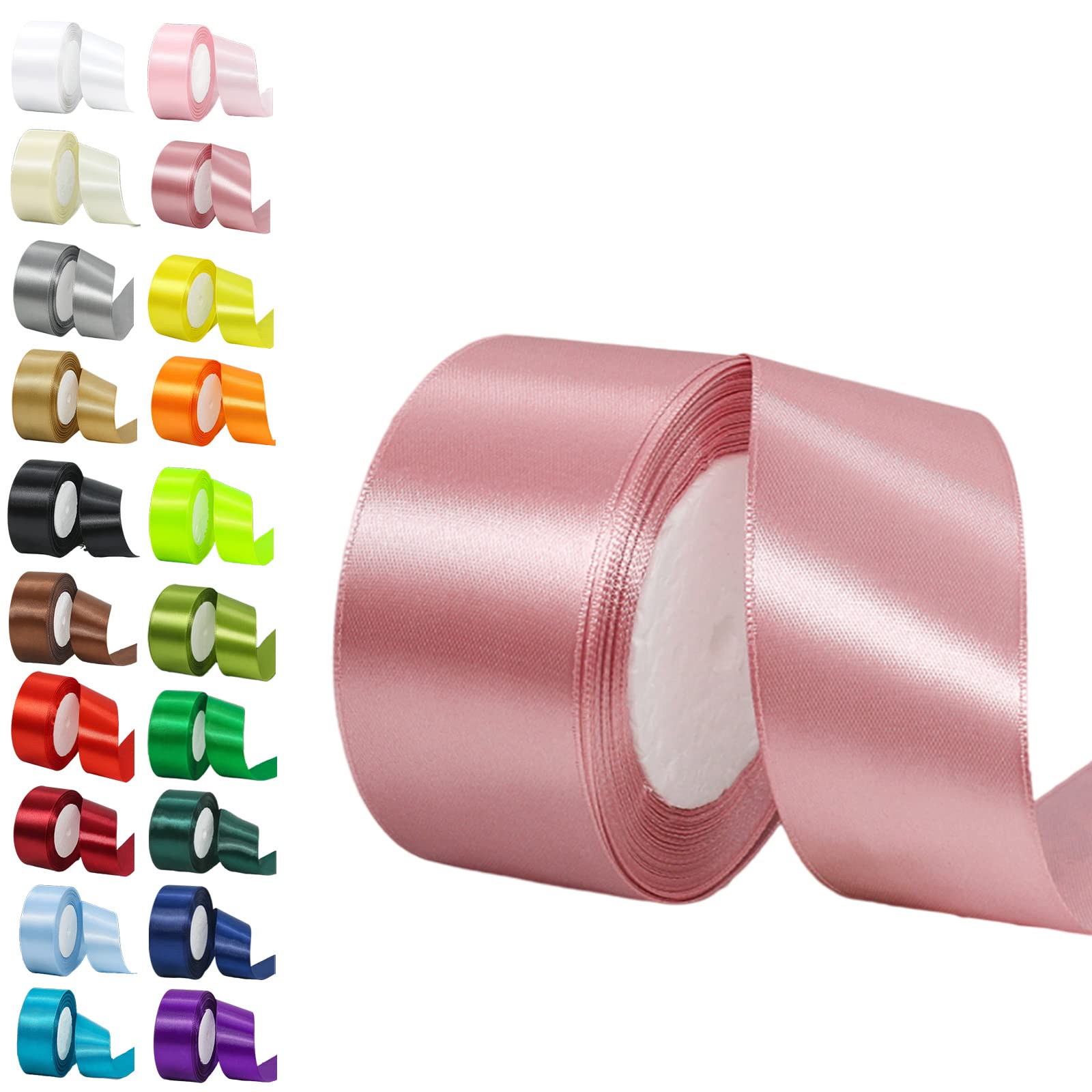 50mm Wide Retro Pink Ribbon for Crafting, 22M 2Inch Bean Pink Solid Fabric Large Thick Double Sided Satin Ribbon Decorative for Gift Wrapping Wedding Car Sewing Floral Xmas Presents