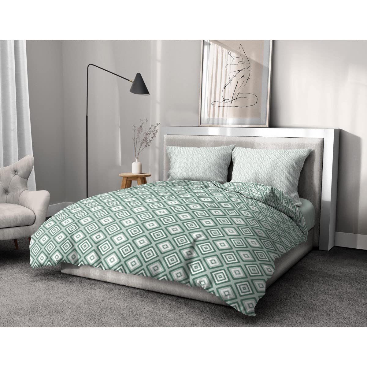 Home Passion 3 Piece Duvet Cover Set - 100% Cotton - 57 Thread Count - Double - 240 x 260 cm - Fox Trot White & Green