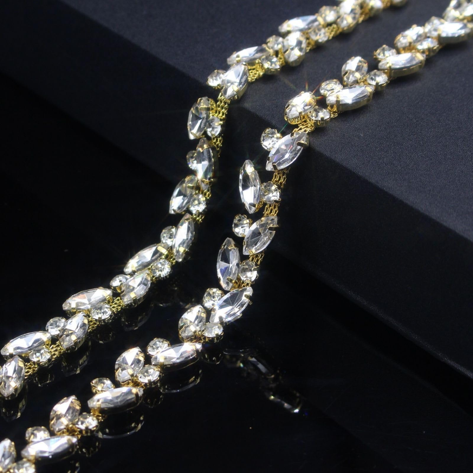 Photo 1 of 1 Yard Rhinestone Trim Chain Gold String Strips Crystal Applique Fringe Ribbon Beads Sewing for Dress DIY Party Wedding Bouquet Decoration Bridal Costume Embellishment