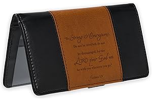 Christian Art Gifts Checkbook Cover for Women & Men - Strong & Courageous - Black and Tan Faux Leather Christian Checkbook Cover for Duplicate Checks, ID, Cards & Pen Loop Holder - Joshua 1:9