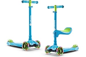 LaScoota 2-in-1 Kids Kick Scooter, Adjustable Height Handlebars and Removable Seat, 3 LED Lighted Wheels and Anti-Slip Deck, for Boys & Girls Aged 3-12 and up to 100 Lbs.
