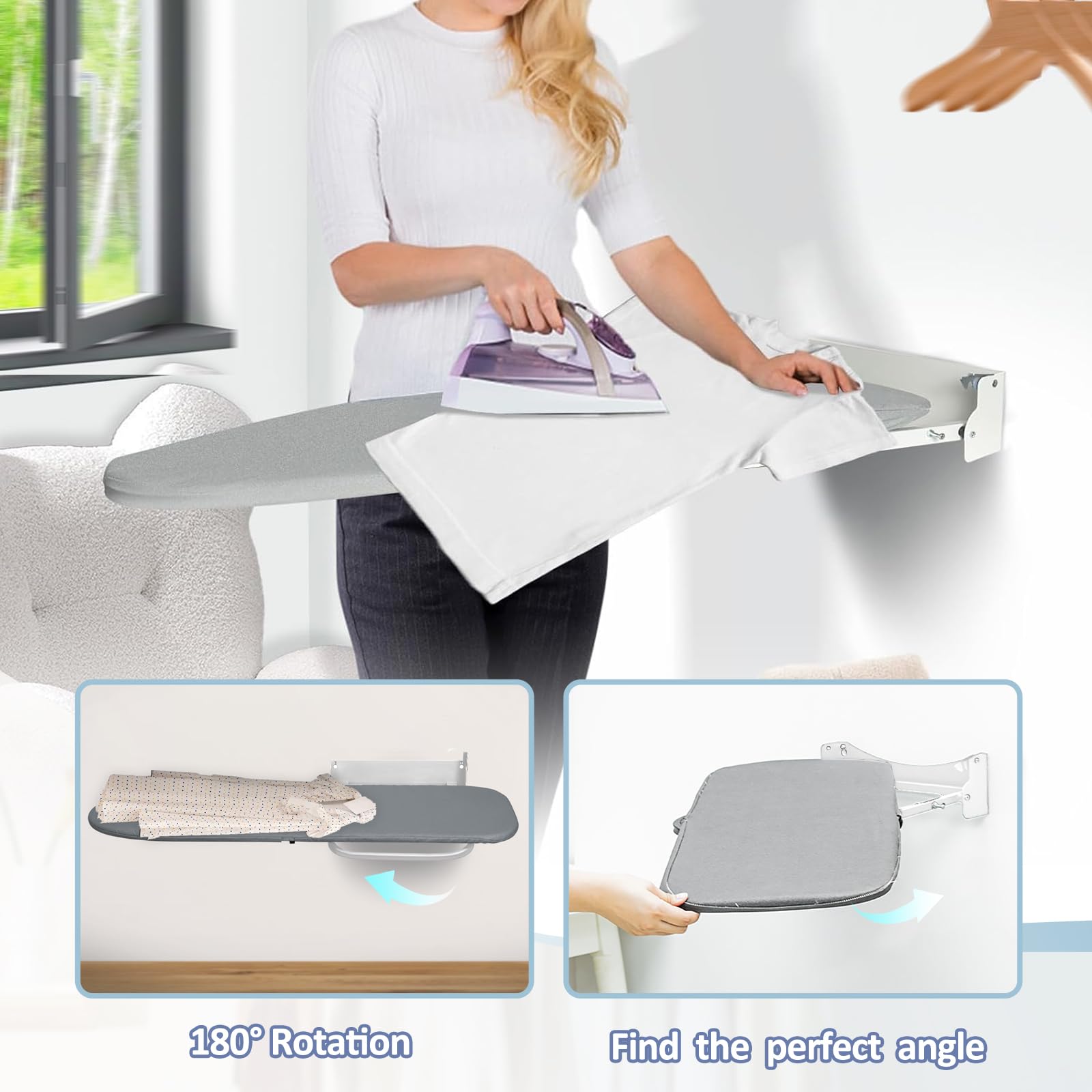 VerRich Wall Mounted Ironing Board, 36” x 12”180°Rotatable Foldable Ironing Boardwith Heat Resistant Cover, Space-Saving for Home, Laundry Room,Apartment & Dorms, Gray