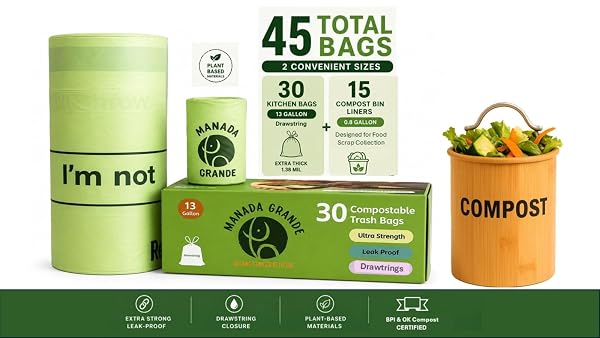 COMPOSTABLE TRASH BAGS 13 GALLON DRAWSTRING – 45 COUNT (30 KITCHEN + 15 SMALL) – EXTRA THICK 1.38 MIL – BPI & OK COMPOST CERTIFIED – PLANT-BASED KITCHEN GARBAGE BAGS – MANADA GRANDE