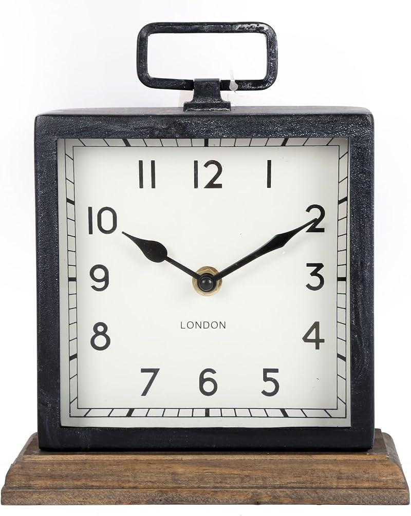 Carousel Home 21 cm Contemporary Rustic Metal Wood Square Mantel Clock
