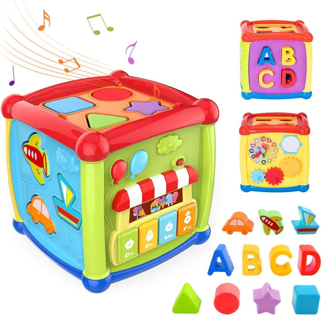 Techhark 6 in 1 Multipurpose Activity Light Music Learning Cube Including Blocks, Clock, Gears, Music Panel with Keyboard