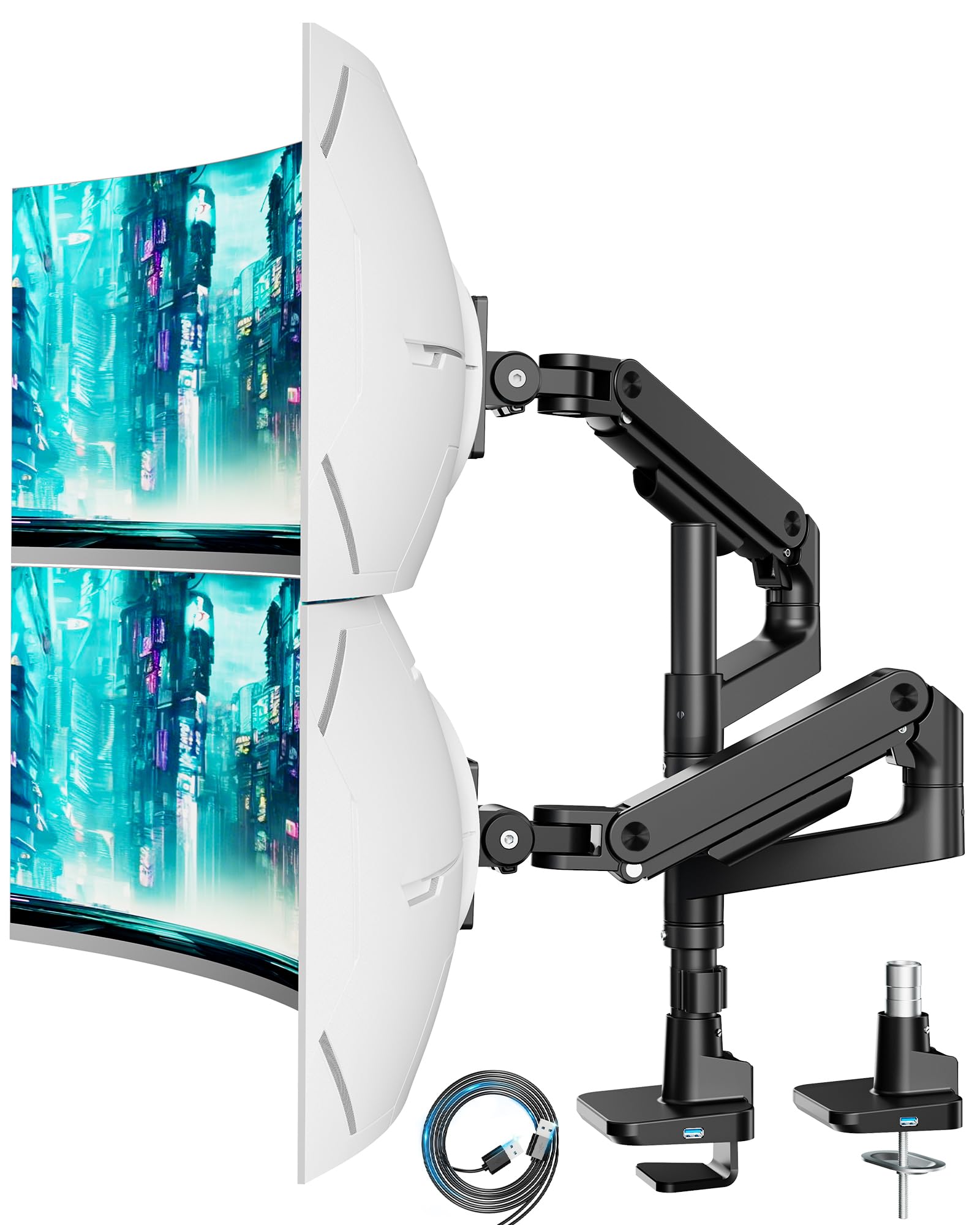 ARES WING Monitorhalterung 2 Monitore übereinander für 17-49 Zoll Flach & Curved Bildschirme, dual Monitor Halterung mit Gasfeder und USB A/C Port, Höhenverstellbar, Gewicht 2-20kg/arm,VESA 75 & 100