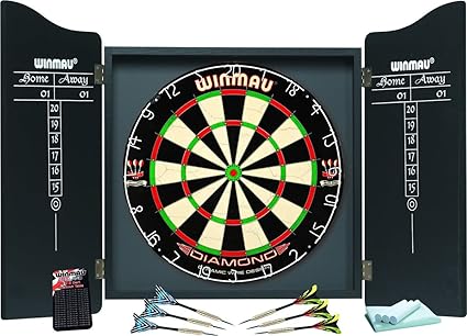 Winmau Darts Set Black Cabinet Diamond Dartboard And Darts