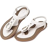 SHIBEVER Sandals Women Dressy Flat: Summer Casual Arch Support Thong Flats - Comfortable Walking Beach Sandals - White Size 7 Elastic Ankle Strap Sandal