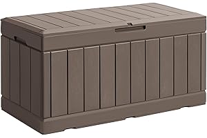 GUNJI 85 Gallon Deck Box Outdoor Waterproof Large Resin Storage Box Patio Lockable Storage Container Porch Storage Bench (Light Brown)