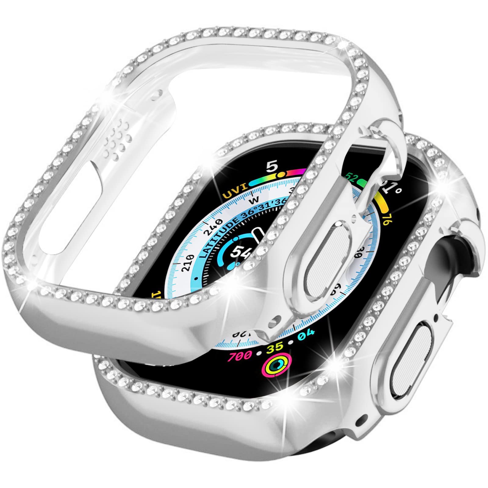 Miimall Compatible with Apple Watch Ultra 2 49mm Bling Case for Women, Hard PC Frame Bumper without Screen Protector, Crystal Diamonds Shell Ultra Slim Protective Cover for iWatch Ultra 49mm-Silver
