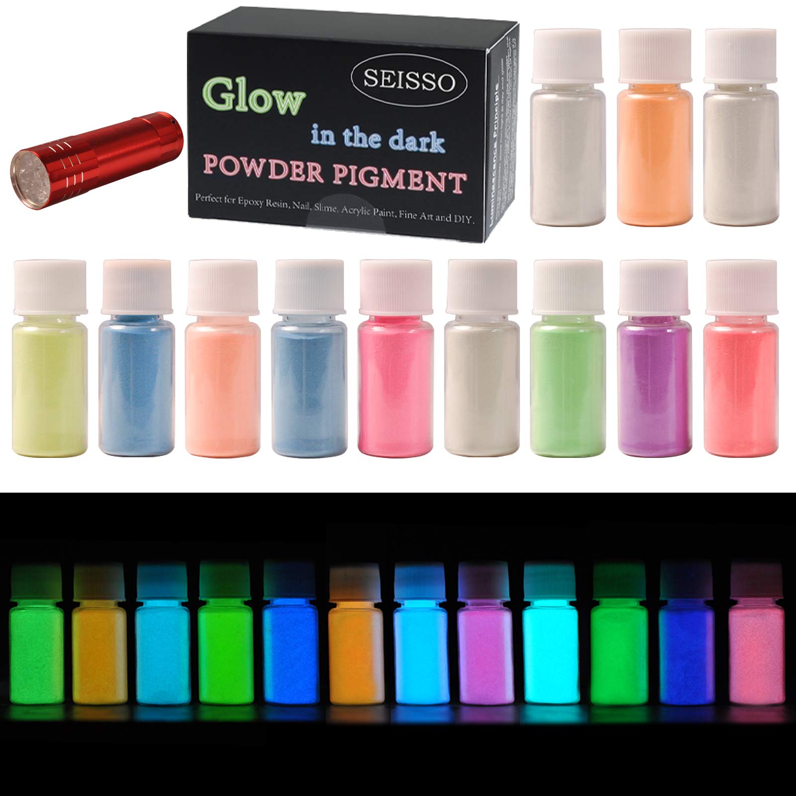 12 Color Glow in The Dark Pigment Powder with UV Lamp,Luminous Powder Non-Toxic Skin Safe Long Lasting for Epoxy Resin Paints,Acrylic Paint,Resin Crafts,Music Festivals/Theme Party Decoration Pigment