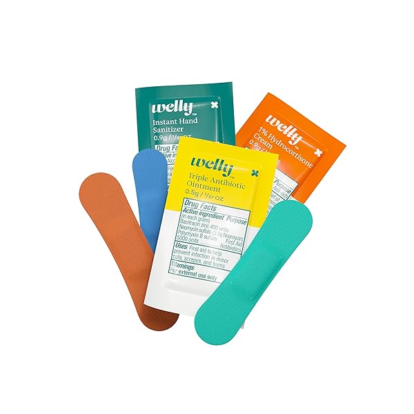 WELLY HUMAN REPAIR KIT – ADHESIVE FLEXIBLE FABRIC BANDAGES, SINGE USE OINTMENTS TRIPLE ANTIBIOTIC, HAND SANITIZER, AND HYDROCORTISONE – 42 COUNT