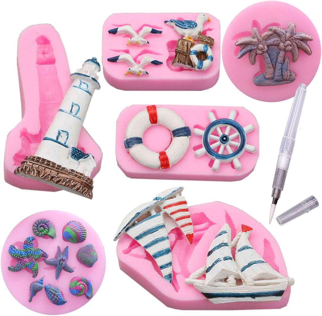 6 Pack Mermaid Fondant Cake Mold - Mermaid Seashell Starfish Conch Coral Seaweed Fish Turtles Silicone Mold Suitable for Cake Chocolate Candy Fondant Polymer Clay Crafting Projects