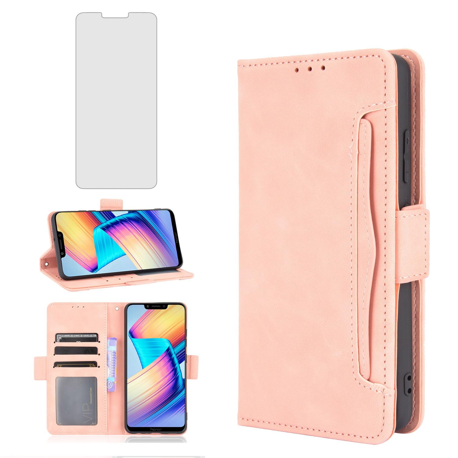 Asuwish Compatible with Huawei Honor Play Wallet Case and Tempered Glass Screen Protector Card Holder Stand Leather Flip Cell Accessories Phone Cover for honorplay Women Men Rose Gold