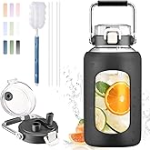 BLUEGO 84oz Water Bottle Glass with Stainless Steel Handle Large 2.5l Water Bottle with Time Markers and Silicone Sleeve Half Gallon Water Jug BPA Free for Gym Daily Use, Black