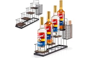 KIMILUS Coffee Syrup Rack Organizer, with Rustic Wood Holder Coffee Station Bar Accessory for Syrup, Wine, Dressing Bottle Countertop Display Storage Stand for Kitchen with Basket and Hooks Holds 4 Bottles