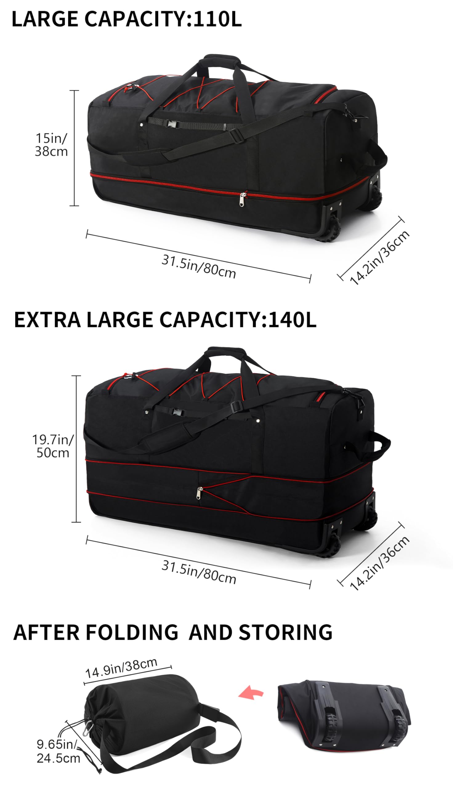 CONTAIL 32” Soft-side 110L Expandable 140L Rolling Duffle Bag with 2 Inline Wheels,Convertible Weekend Travel Bag with Bungee-Cord System,Black-red