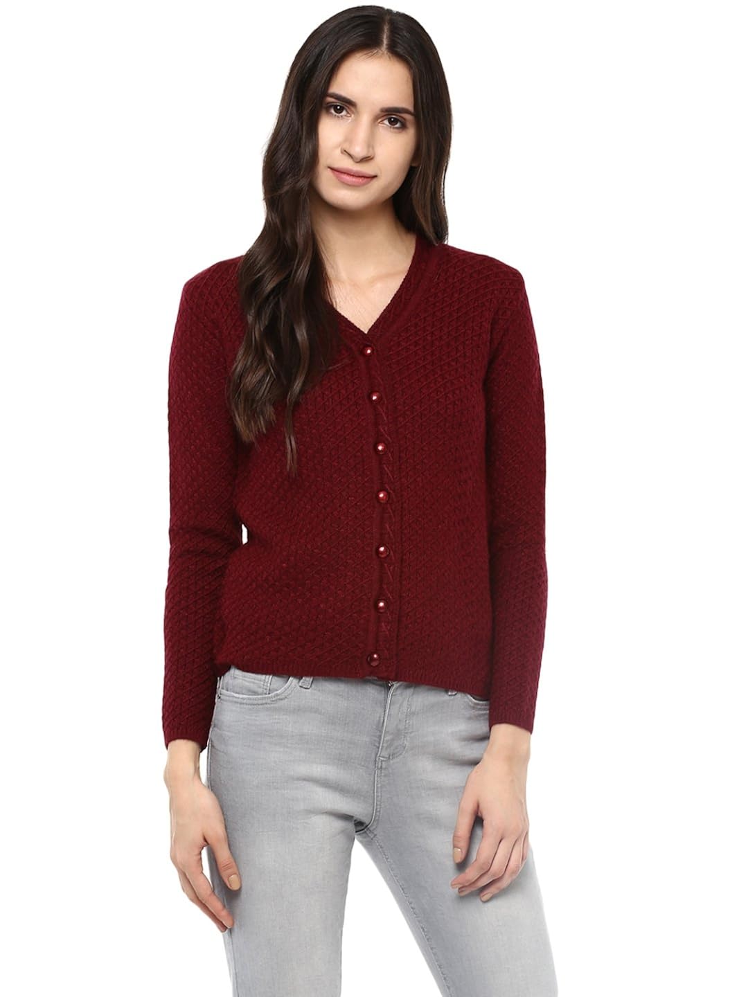 cayman women maroon patterned cardigan