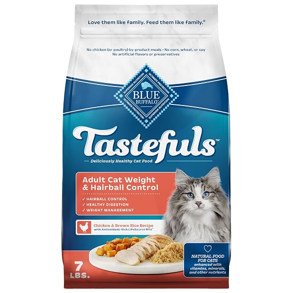 BLUE BUFFALO TASTEFULS ADULT DRY CAT FOOD FOR WEIGHT MANAGEMENT & HAIRBALL CONTROL, MADE IN THE USA WITH NATURAL INGREDIENTS, CHICKEN RECIPE, 7-LB BAG