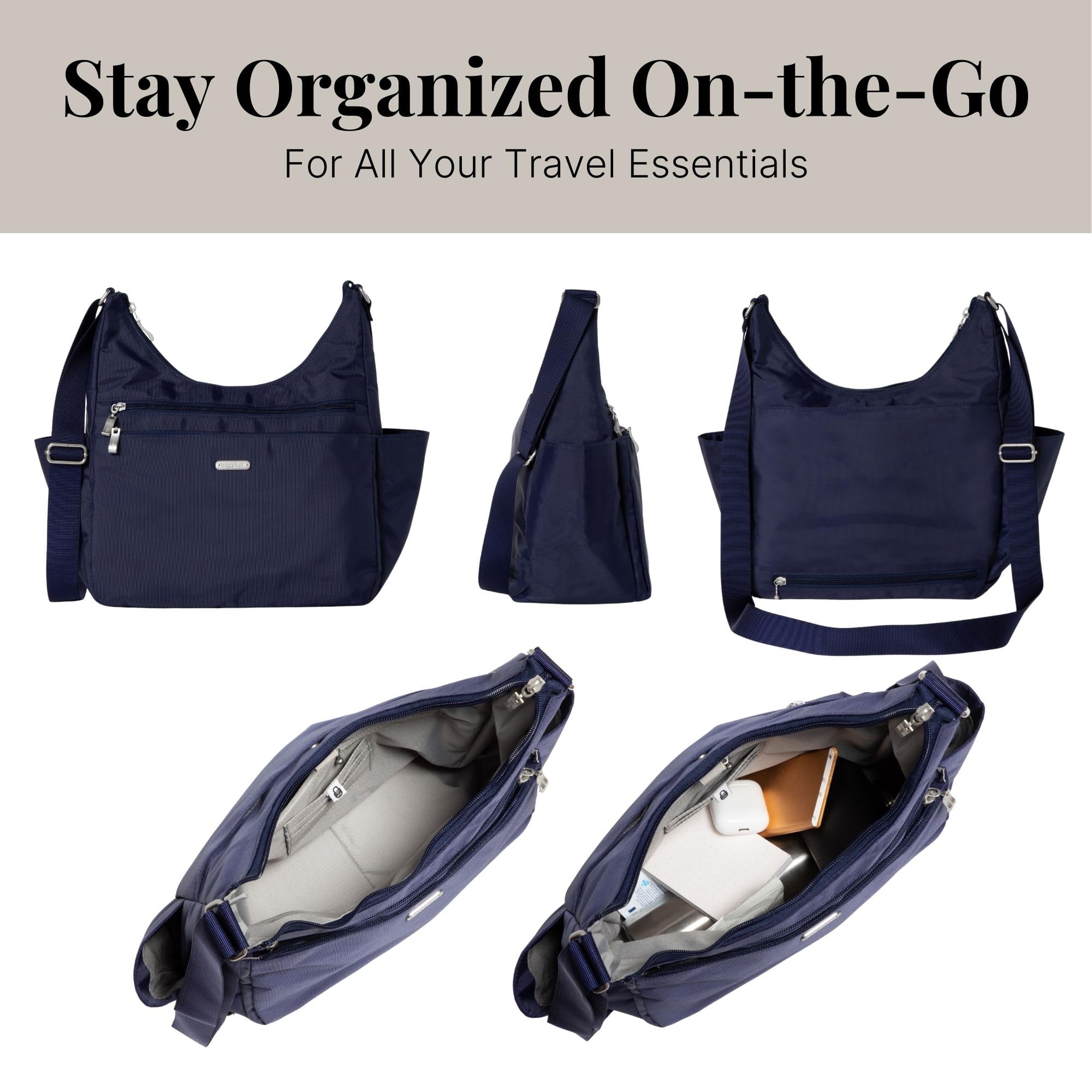 Baggallini Essential Hobo 11x9 Lightweight Travel Purse Handbag Crossbody Bag for Women Washable Nylon W/RFID Protection