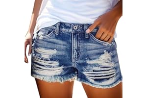 ENTIBKW Ripped Distressed Denim Shorts for Women Mid Rise Stretchy Jean Shorts Summer Casual Frayed Raw Rolled Hem Hot Shorts