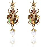 HMOOY Vintage Beetle Scarab Bug Dangle Earrings for Women, Imitation Pearl Insect Drop Dangle Earrings Renaissance Victorian Style Jewelry Earrings Egyptian Earrings for Party Gifts