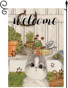 YaoChong Cute Cat Small Garden Flag Vertical Burlap Double Sided 12x18 Inch,Welcome Cat Pet Flag Seasonal Summer House Yard Lawn Decor