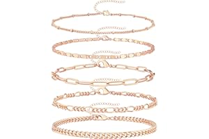 Gokeey Ankle Bracelets for Women, 14k Gold Plated Waterproof Layered Cuban Figaro Link Chain Anklets Set Gold Anklets Jewelry Gift Adjustable Size