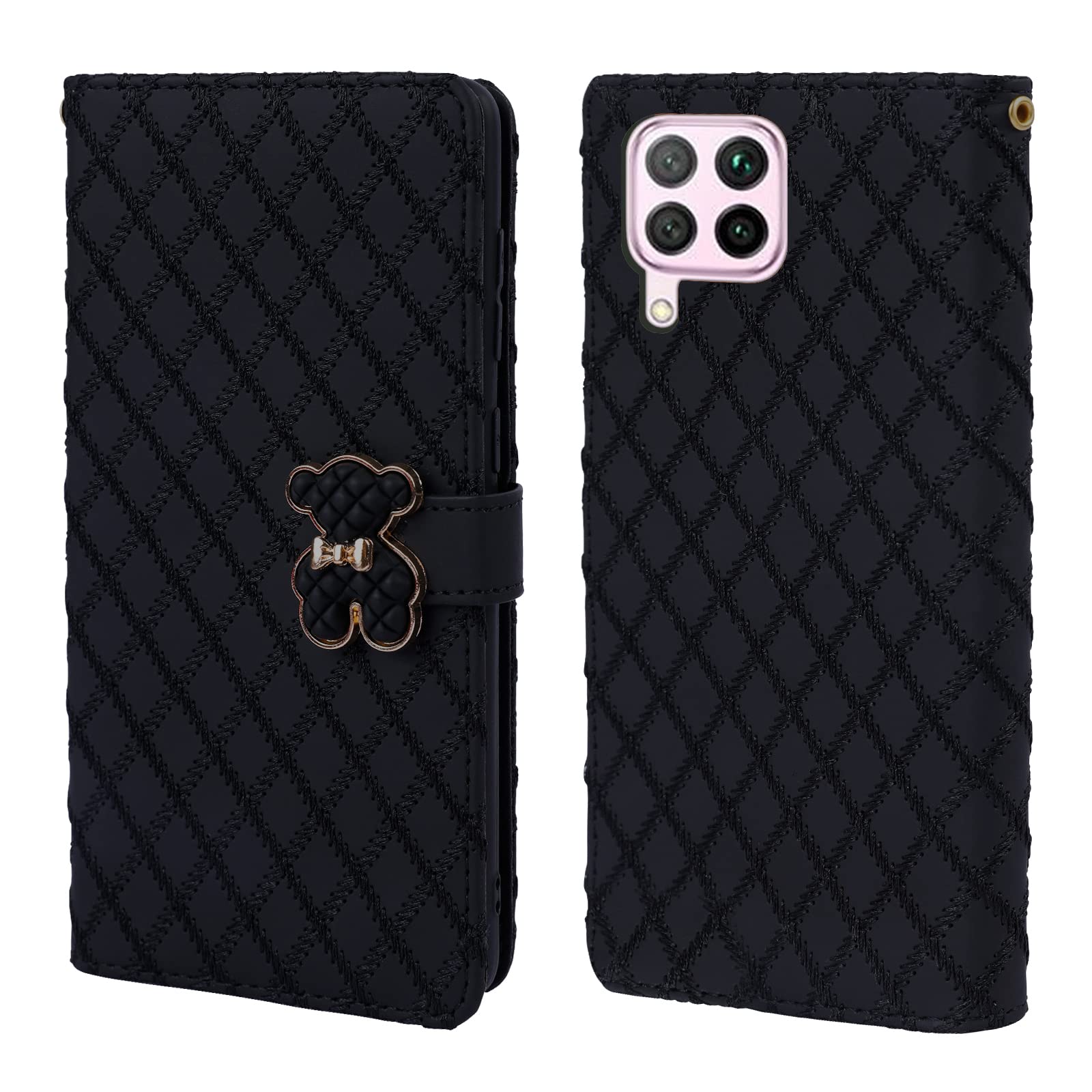Tiyoo Huawei P40 Lite Flip Case with Wallet, 3D Metal Bear Magnetic Closure, Support Stand and Card Slots, PU Leather with Quilting Embroidery Process Black