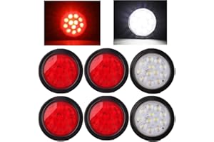 KONRALI 6Pcs 4 Inch Round LED Trailer Tail Lights - 4 Inch Round Led Stop Turn Tail lights Trailer Backup Reverse Fog Lights 12 LED for Trucks RV Rubber Grommet 3 Prong Wire Pigtails Included (4RED+2WHITE)