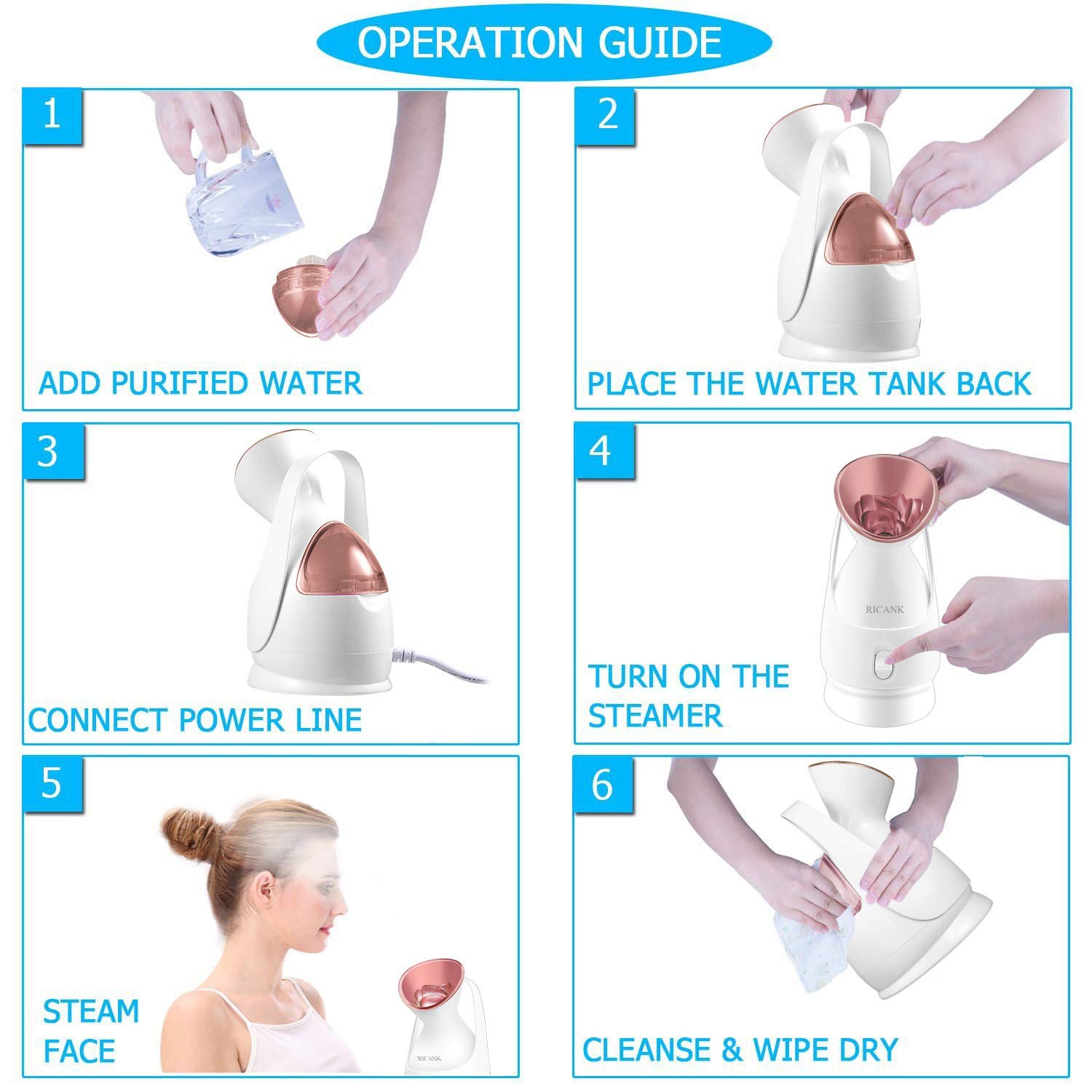 RICANK Nanosteamer Nano Ionic Warm Mist Facial Steamer Hot Mist Moisturizing Cleansing Pores Face Steamer Unclogs Pores Clear Blackheads Acne Comedone Removal Home Sauna Spa Nano Spray Rose Gold: Beauty
