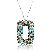 CRYSTALIS Natural Multi-Gemstone Beads Pendant Necklace, Beaded Micro Framed Rectangle Shape Crystals, Chakra Healing Gemstone, Women Jewelry, Sterling Silver 18 inch