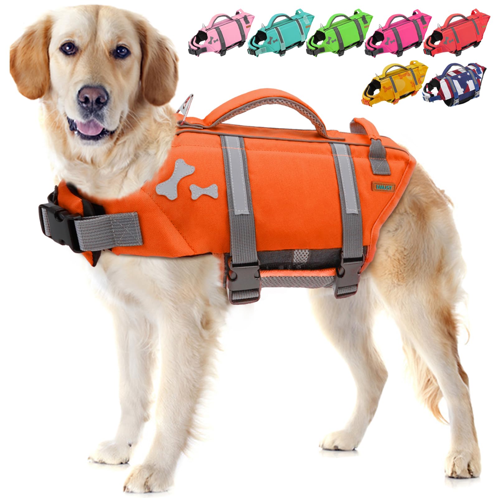 EMUST Dog Life Vests, Adjustable Dog Life Jacket with Rescue Handle, Pet Flotation Vest for Small/Medium/Large Dogs, XS, NewOrange