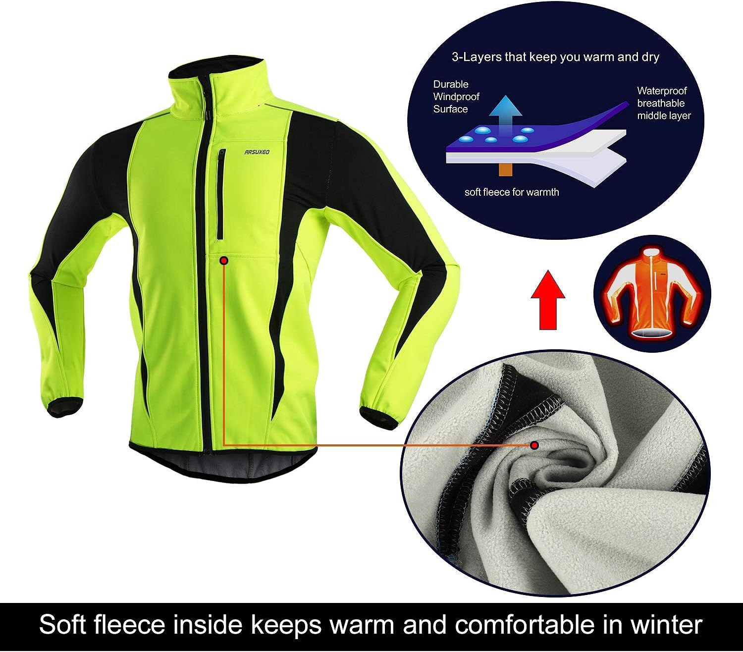 ARSUXEO Winter Warm UP Thermal Softshell Cycling Jacket Windproof Waterproof 15-k: Clothing