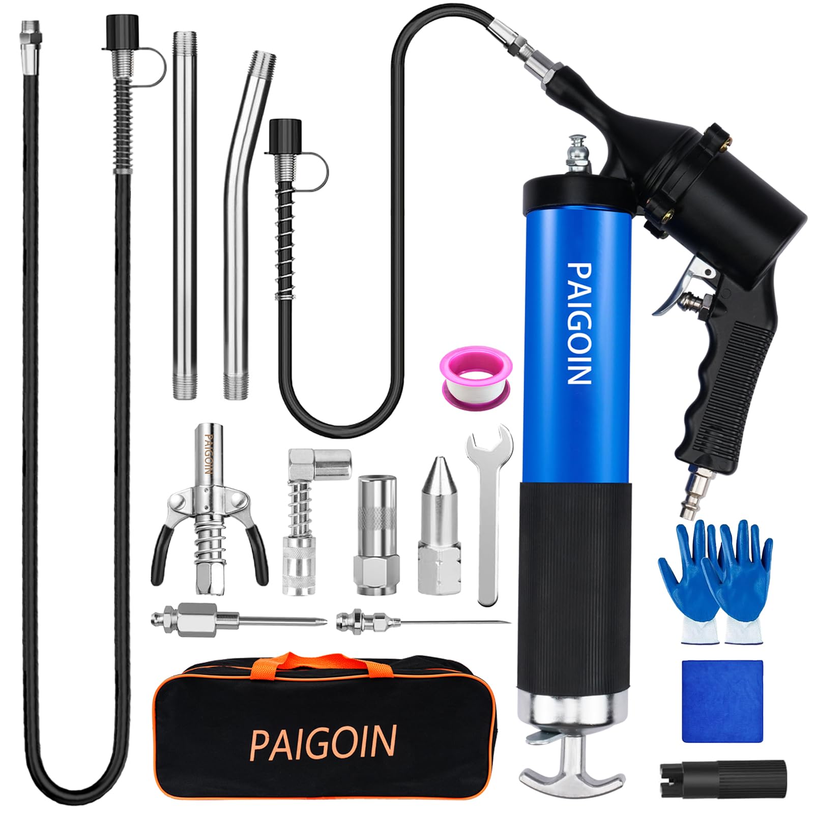 Photo 1 of (used)(minor damage) PAIGOIN Pneumatic Grease Gun Kit 6000 PSI Heavy Duty 14 OZ Pistol Grip Grease Guns with 19" & 28"