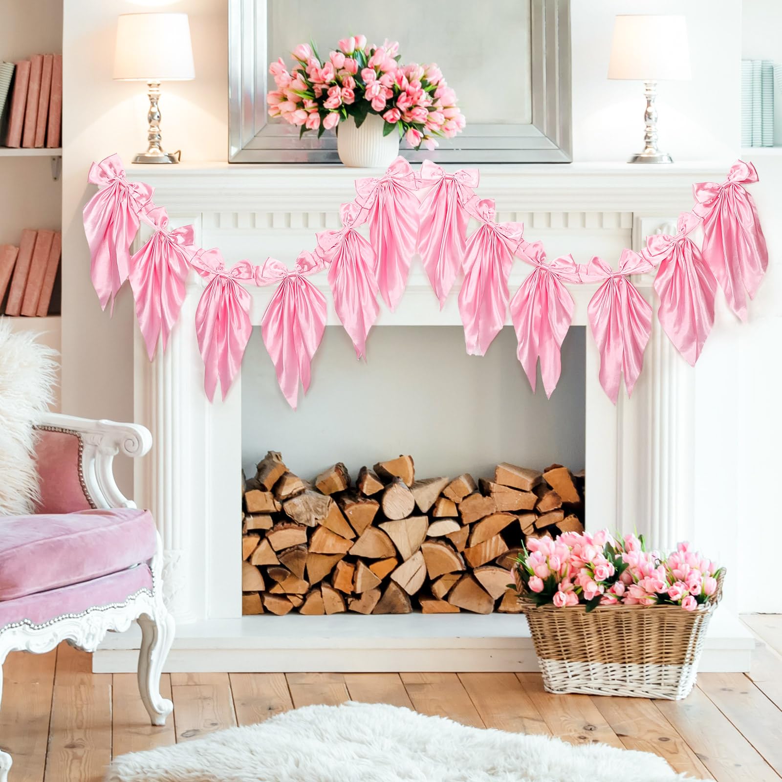 VitalCozy Pink Bow Garland Banner Silk Bow Hanging Banner for Girls Bow ...