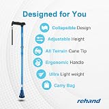 Rehand All Terrain Folding Walking Stick Blue 8 Adjustable Heights Pivot Tip view 2
