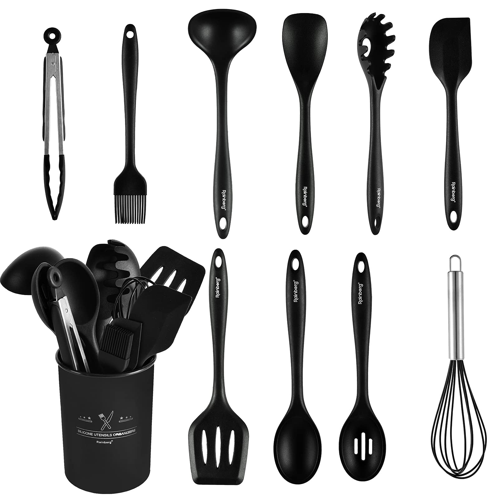 Rainberg Kitchen Utensil Set 12 Pcs Silicone Cooking Utensils Set for Non Stick Kitchen Sets, Kitchen Utensils Set, Spatula Set, Kitchen Gadgets, Turner, Whisk, Kitchen Tool Set (Black)