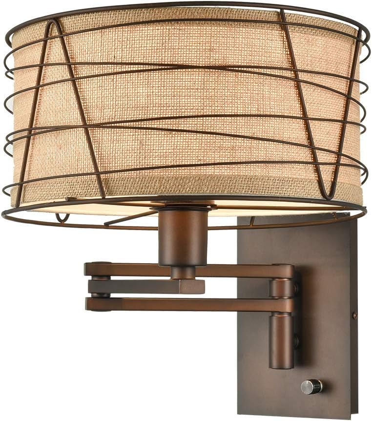 CLAXY Dark Bronze Swing Arm Wall Sconce Linen Shade Plug-in Wall Light